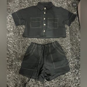 Black Two-Piece Shorts Set with Contrast Stitching